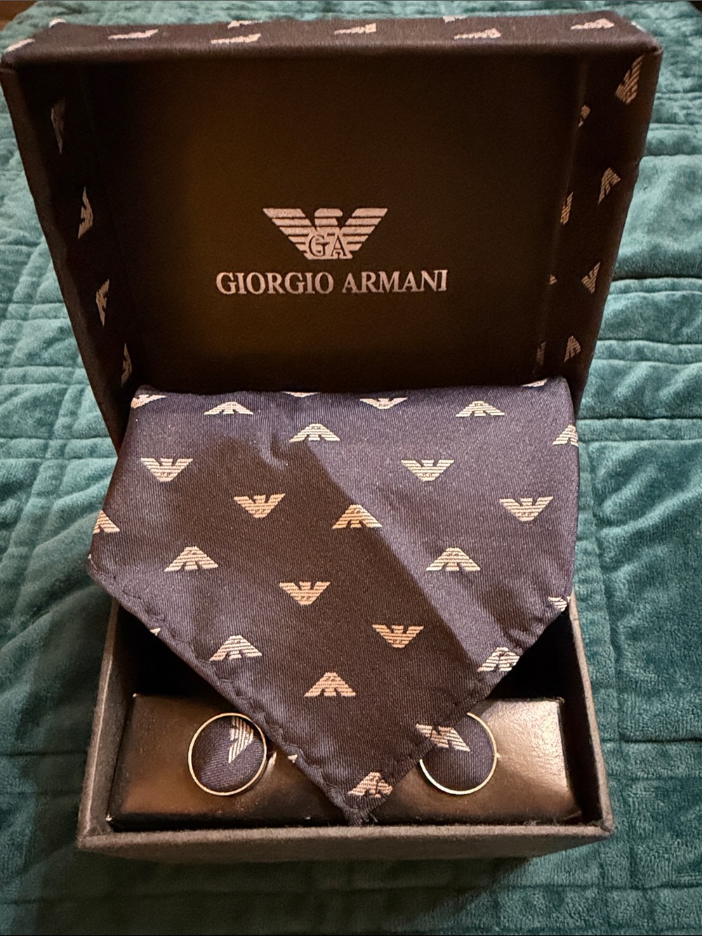 Giorgio Armani Men's Navy Logo Pocket Square and Cufflinks Set
